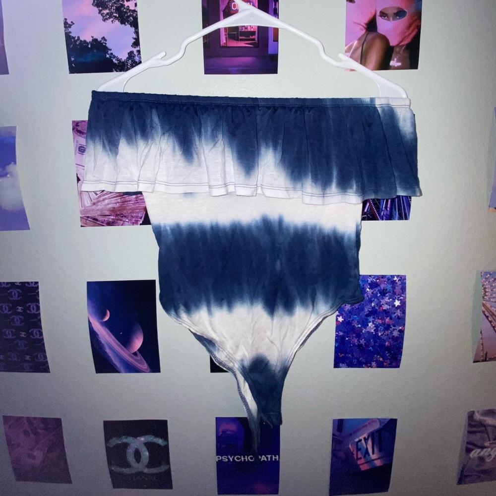 Blue and white off the shoulder bodysuit